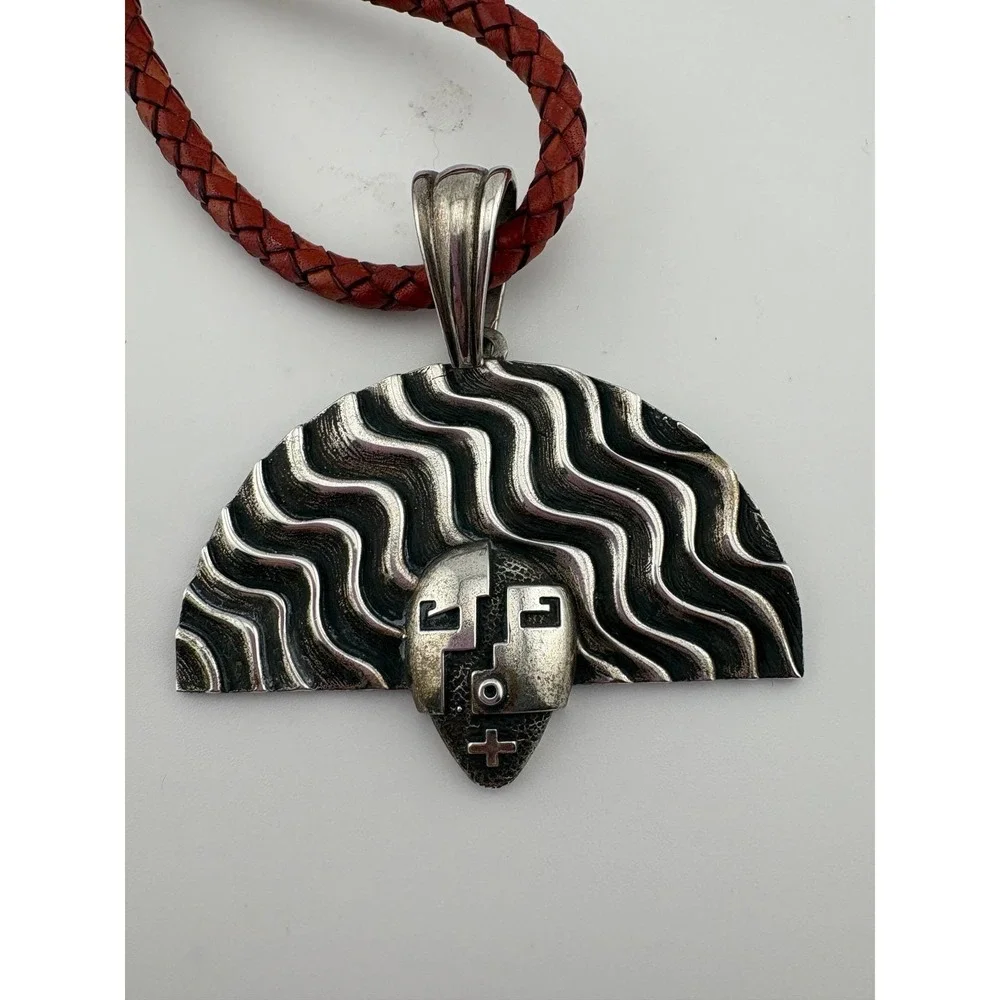 Joe Cajero Sterling‎ Silver Mask Pendant Necklace Braided Leather Cord Artisan